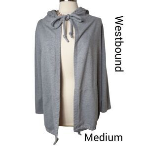 Westbound Womens Hooded Cardigan M Gray Drawstring Jacket Wrap Open Front Tie